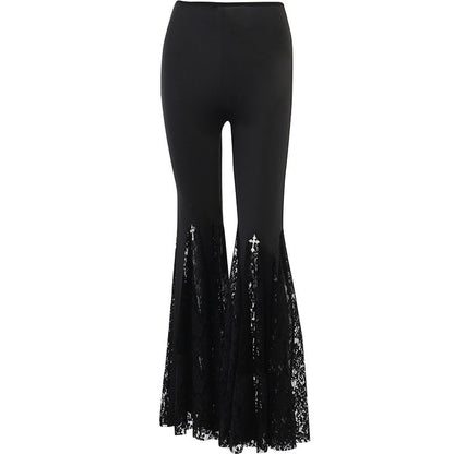 High-rise black pants with straight fit and lace bell-hem at the bottom