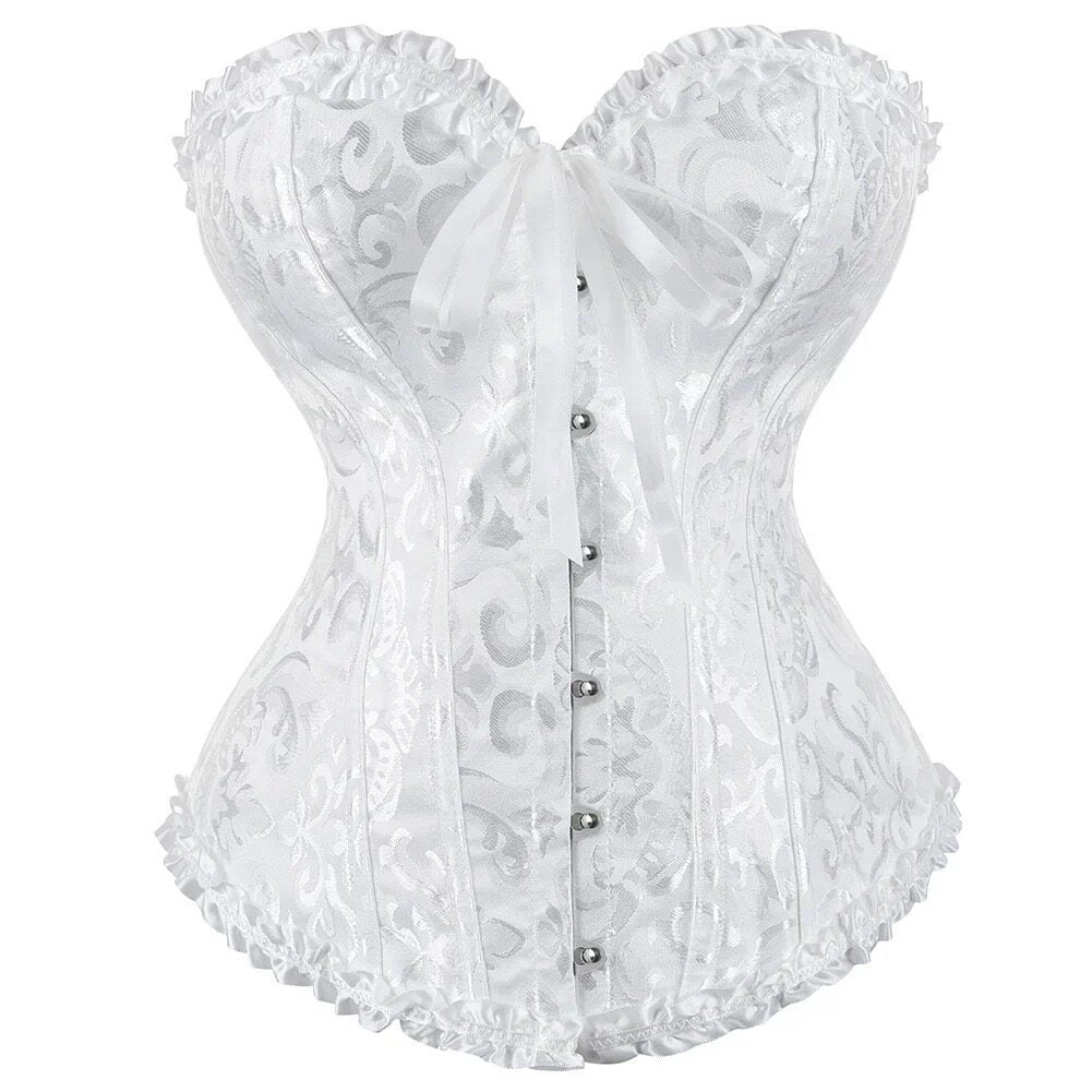 White corset with lace pattern and bow at bust, button-front closure