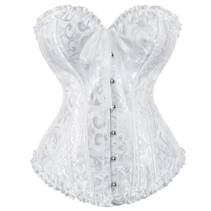 White corset with lace pattern and bow at bust, button-front closure