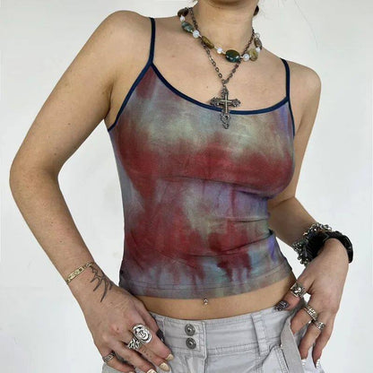 Burgundy and blue tie-dye cami top with dark blue straps