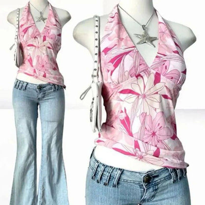 Pink floral sleeveless top with V neckline and ruched waist, paired with elastic shoulder straps