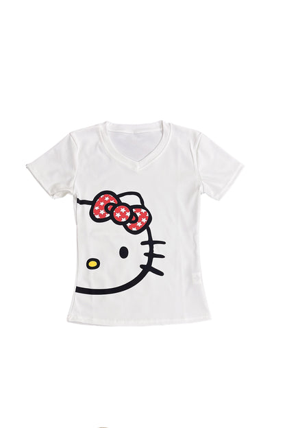 White v-neck T-shirt with kitty cat face graphic and red star bow