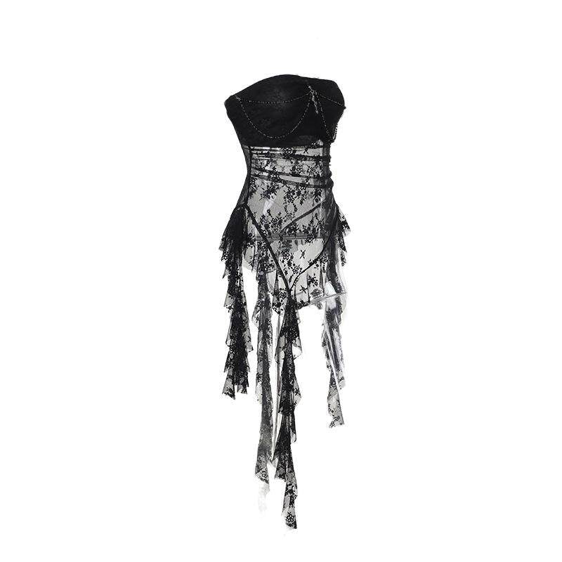 Black bandeau wrap top with sheer lace overlay and long ruffle fringe, draped back