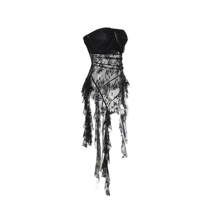 Black bandeau wrap top with sheer lace overlay and long ruffle fringe, draped back