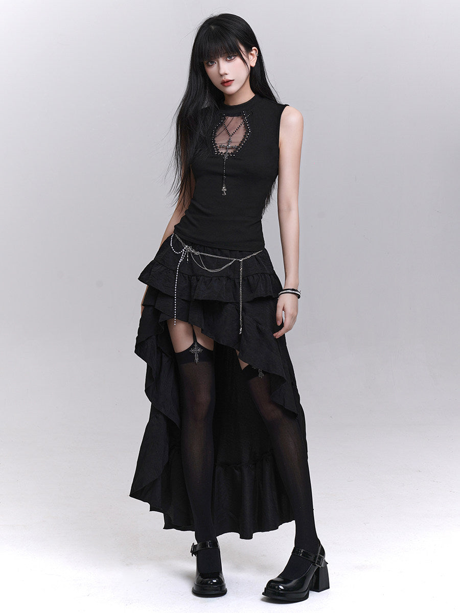 Black sleeveless top with studded sweetheart neckline and long dangling pendant chain