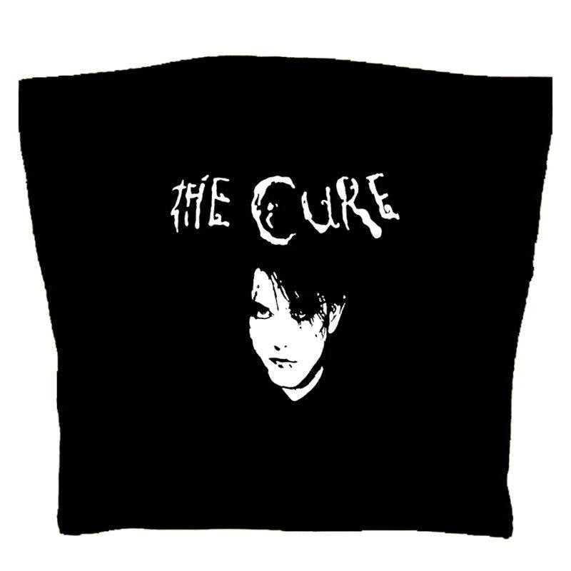 Black sleeveless graphic cami, back view with The Cure logo and face print