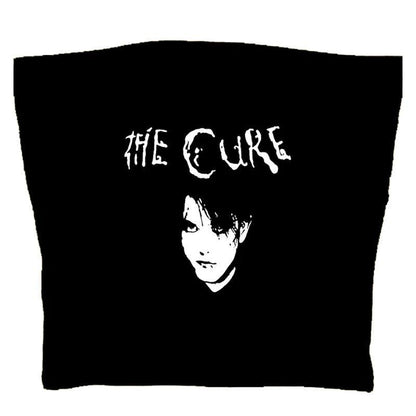 Black sleeveless graphic cami, back view with The Cure logo and face print
