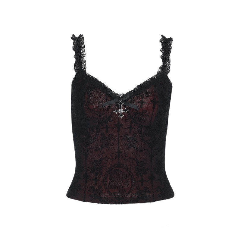 Black mesh cross camisole with V lace trim and dark red flocked print