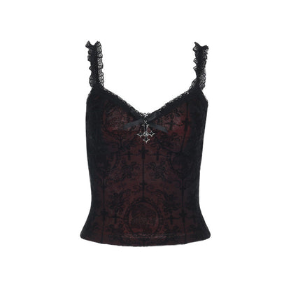 Black mesh cross camisole with V lace trim and dark red flocked print