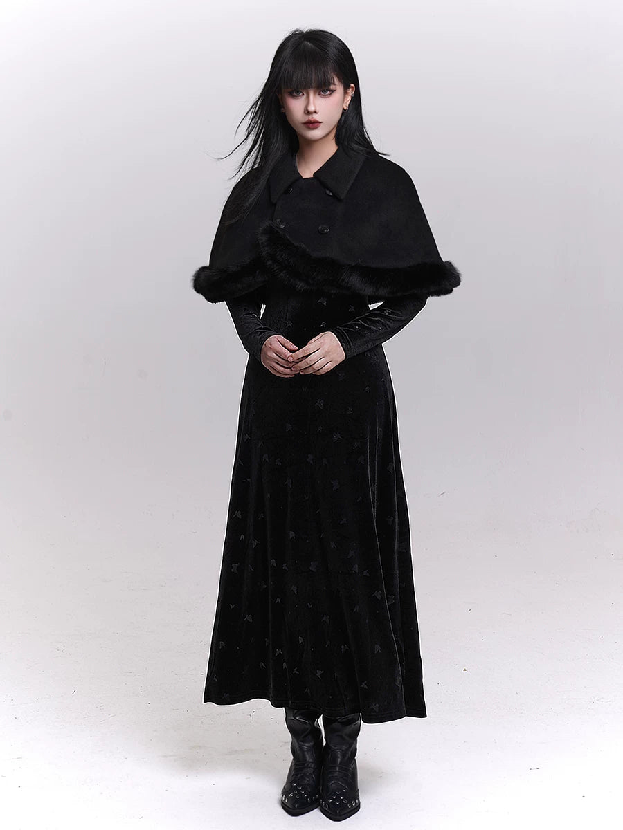 Woolen cape shawl jacket with long dark silhouette, faux fur trim, and double-breasted front