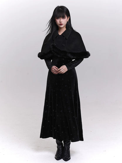 Woolen cape shawl jacket with long dark silhouette, faux fur trim, and double-breasted front