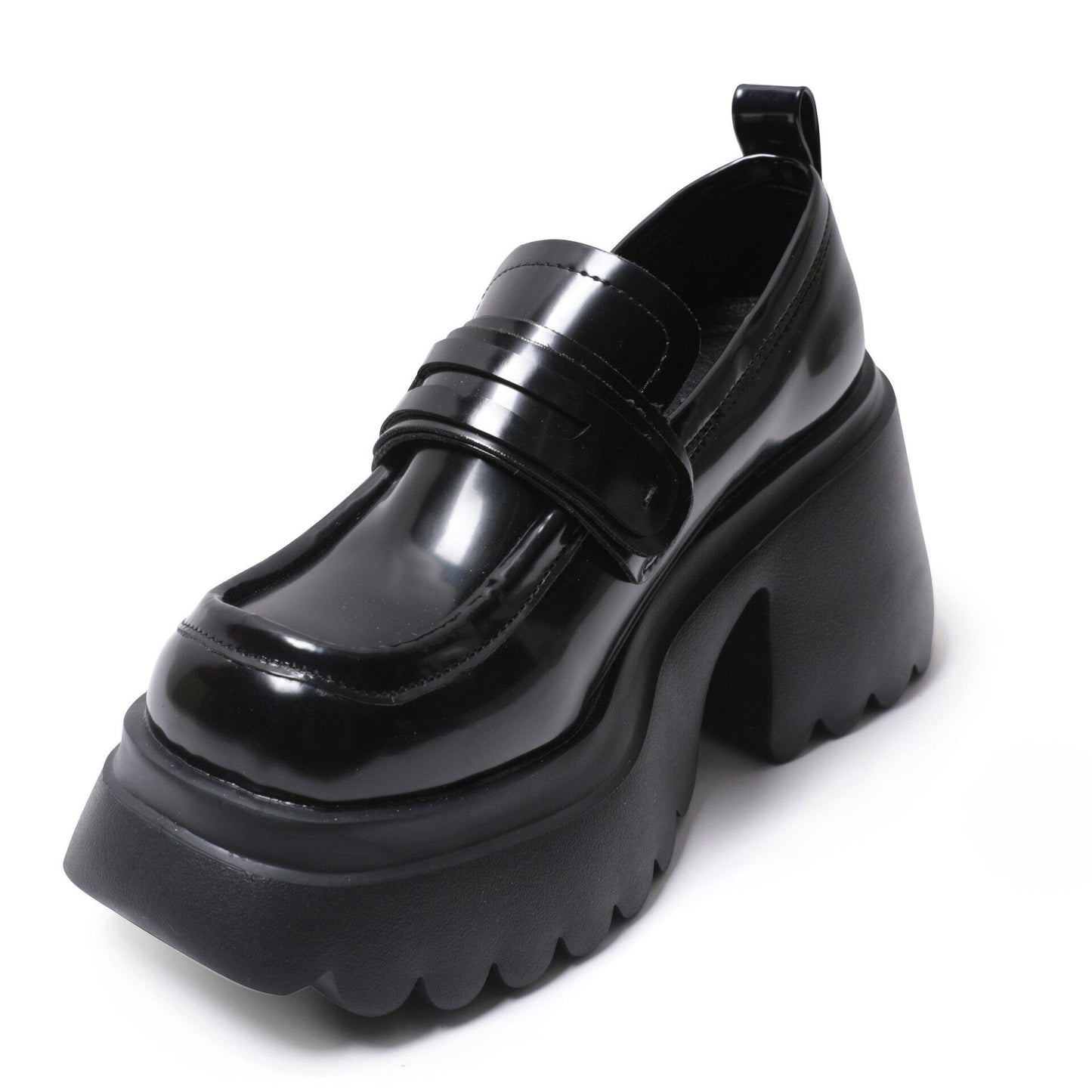 Black glossy platform loafer with strap ornament and thick, textured outsole