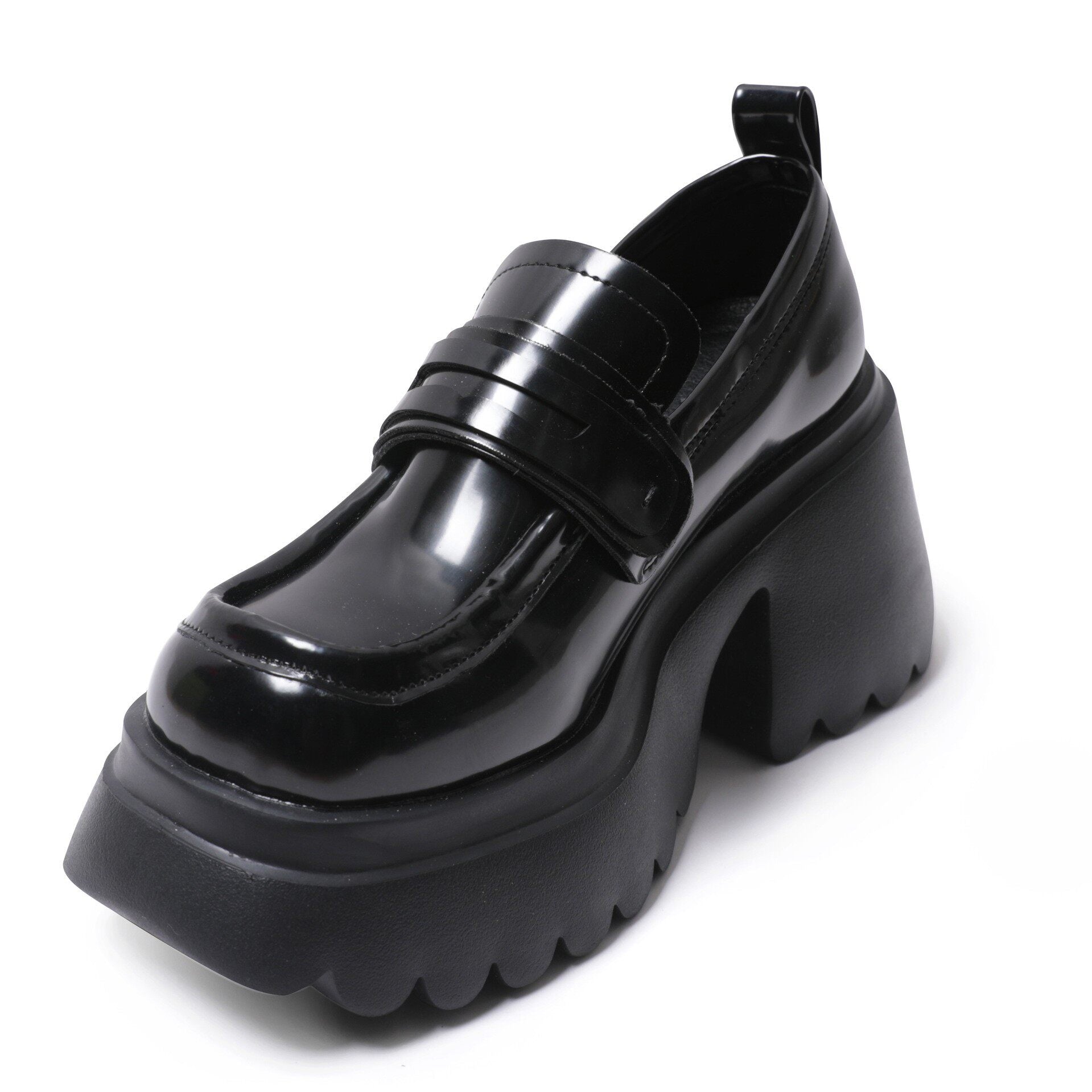 Black glossy platform loafer with strap ornament and thick, textured outsole