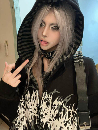 Black hooded zip-up sweatshirt with white tattoo graphic and striped hood lining