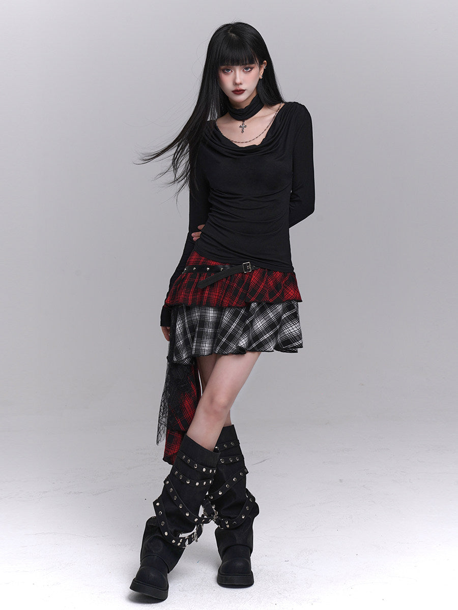 Asymmetrical layered plaid mini skirt with red-and-black top and black-and-white lower panels