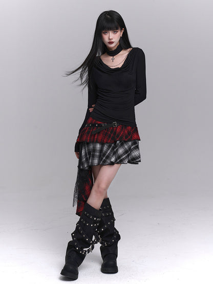 Asymmetrical layered plaid mini skirt with red-and-black top and black-and-white lower panels