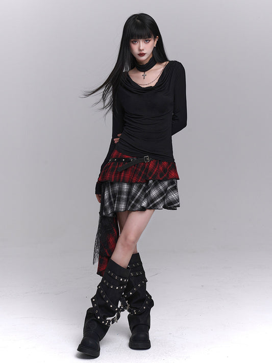 Red & Black Plaid Irregular Subculture Skirt