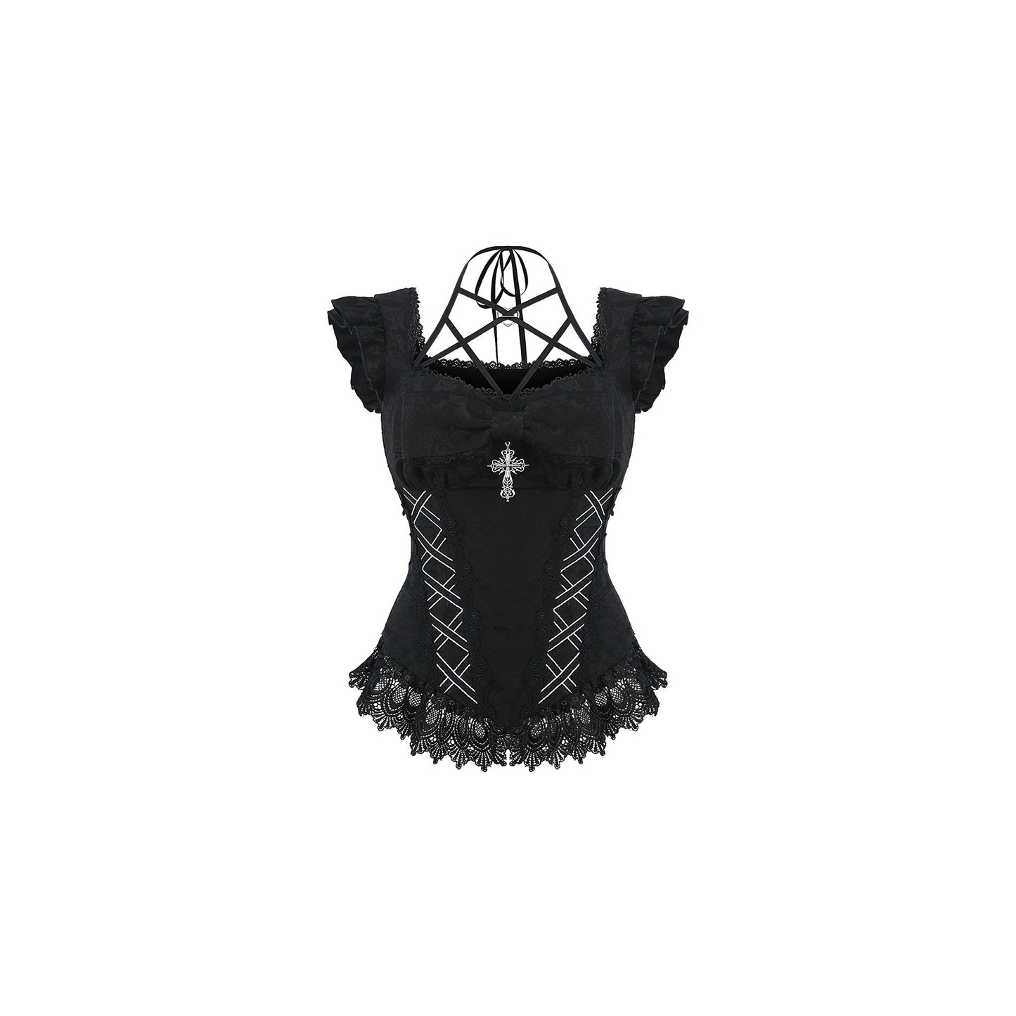 Black gothic jacquard corset top with cross emblem and lace-up back detailing