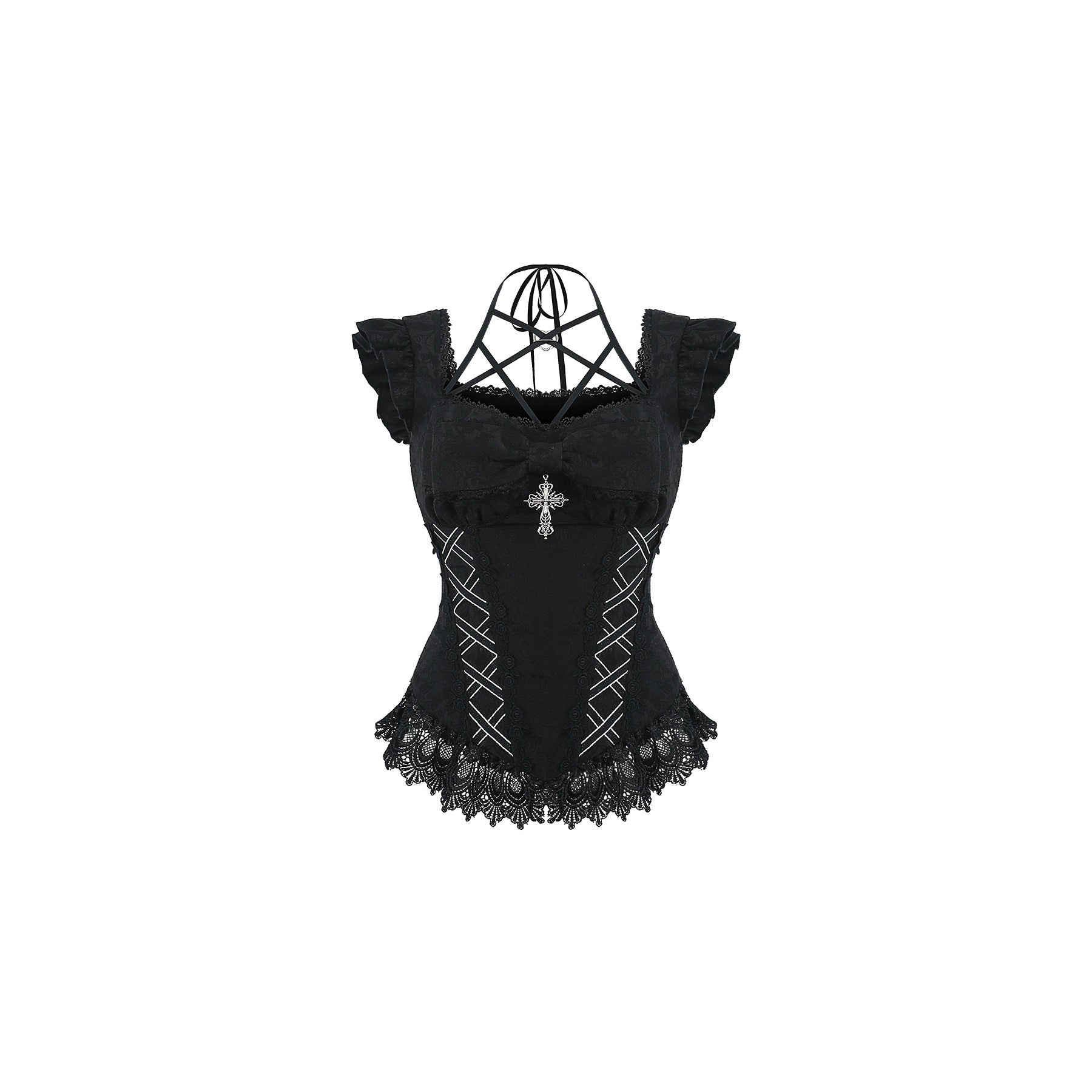 Black gothic jacquard corset top with cross emblem and lace-up back detailing