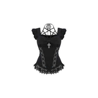 Black gothic jacquard corset top with cross emblem and lace-up back detailing