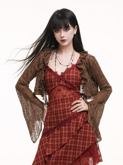 Brown sheer shawl cardigan with long sleeves and open draped front, textured fabric