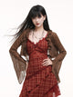 Brown sheer shawl cardigan with long sleeves and open draped front, textured fabric