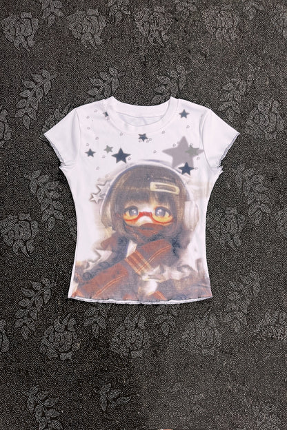 White graphic T-shirt with character portrait and gray star pattern
