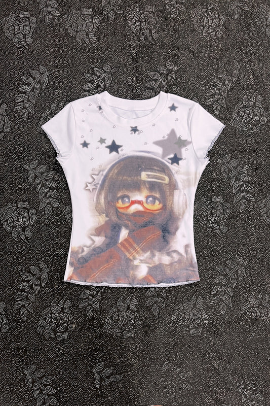 White graphic T-shirt with character portrait and gray star pattern