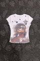 White graphic T-shirt with character portrait and gray star pattern