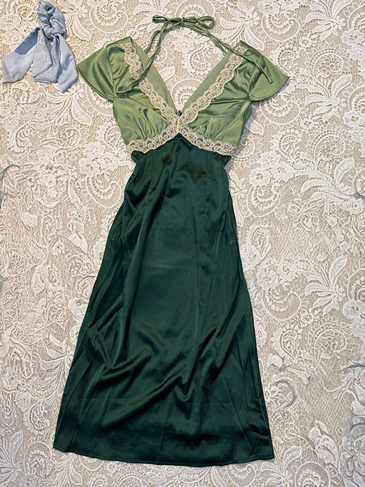 Green Lace V-Neck Midi Dress