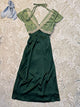 Two-tone green satin V-neck dress with lace trim and tie bow at neckline
