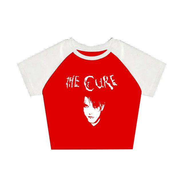 Red and white raglan graphic tee with The Cure logo and portrait print