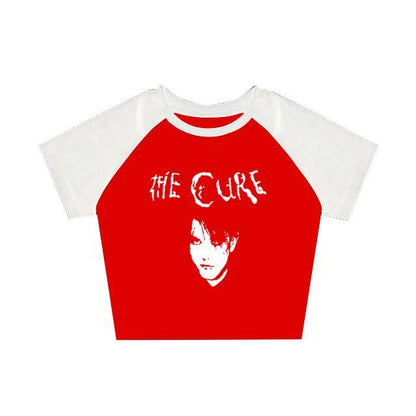 Red and white raglan graphic tee with The Cure logo and portrait print