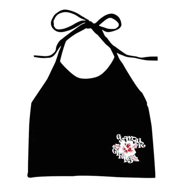 Black halter mini top with bow tie and small chest graphic