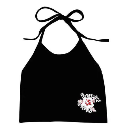 Black halter mini top with bow tie and small chest graphic