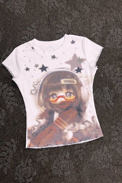 White graphic T-shirt with character portrait, scattered stars, and short sleeves