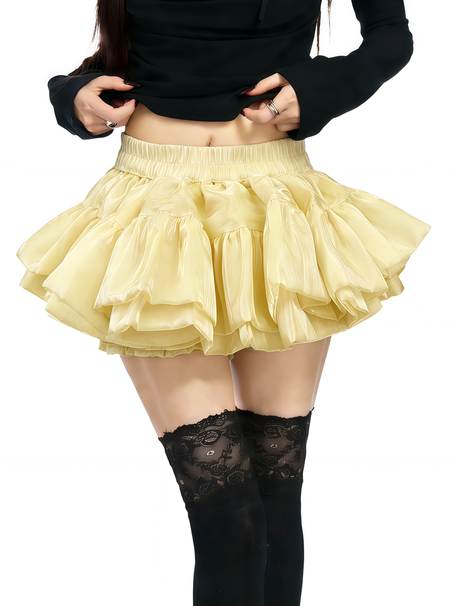 Yellow tiered ruffle skirt with gathered elastic waistband and layered fabric