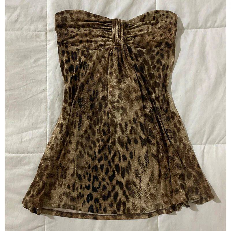 Leopard print strapless mini dress with ruched sweetheart bodice and flared hem