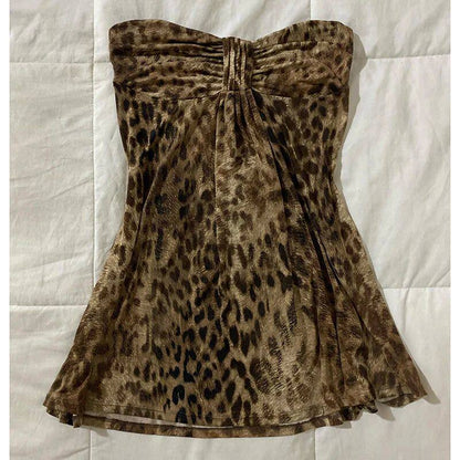 Leopard print strapless mini dress with ruched sweetheart bodice and flared hem