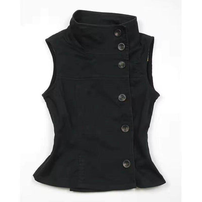 Black sleeveless button-front vest with stand collar and flared hem
