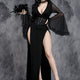 Black V-neck maxi dress with front slit, lace-up corset bodice, sheer flared sleeves
