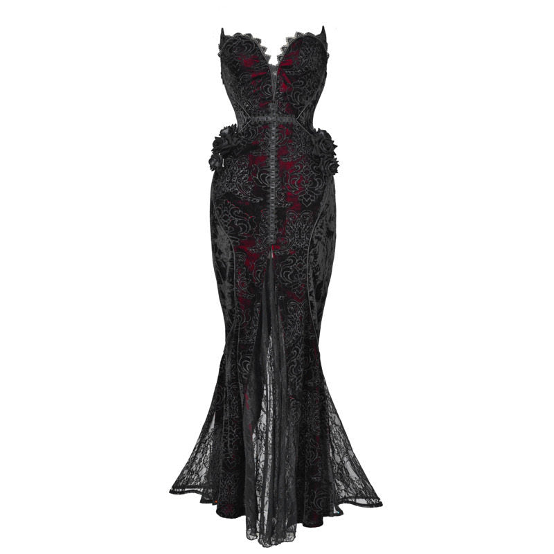 Black gothic corset maxi dress with red embroidered center panel and lace-trimmed flared hem.