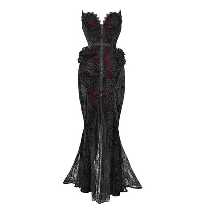 Black gothic corset maxi dress with red embroidered center panel and lace-trimmed flared hem.