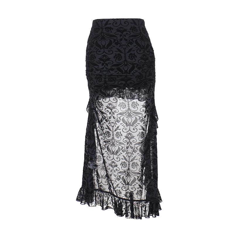 Black damask maxi skirt with sheer side drape and tiered lace hem