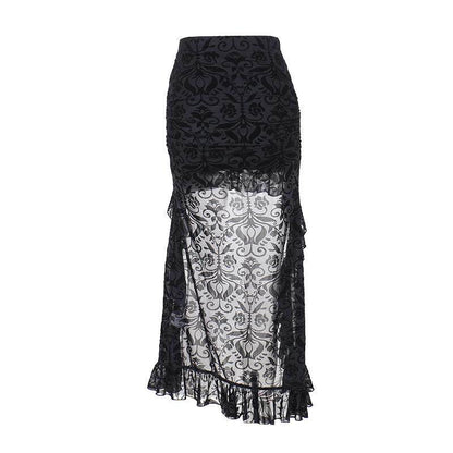 Black damask maxi skirt with sheer side drape and tiered lace hem