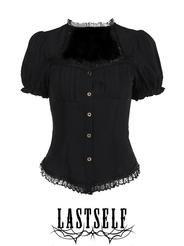 Black puff-sleeve blouse with square neck, lace trim, and button front