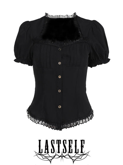 Black puff-sleeve blouse with square neck, lace trim, and button front