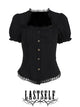 Black puff-sleeve blouse with square neck, lace trim, and button front