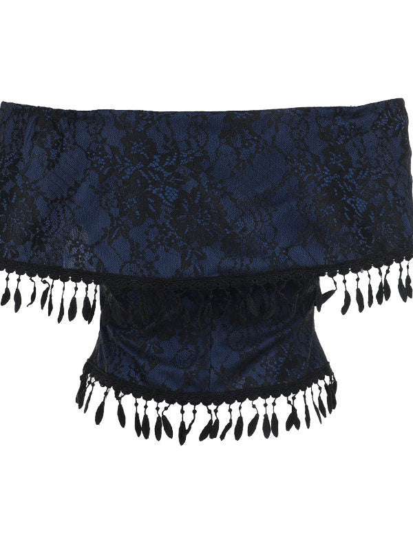 One-shoulder jacquard top with bow detail and black tassel trim, dark patterned fabric