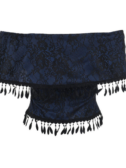 One-shoulder jacquard top with bow detail and black tassel trim, dark patterned fabric